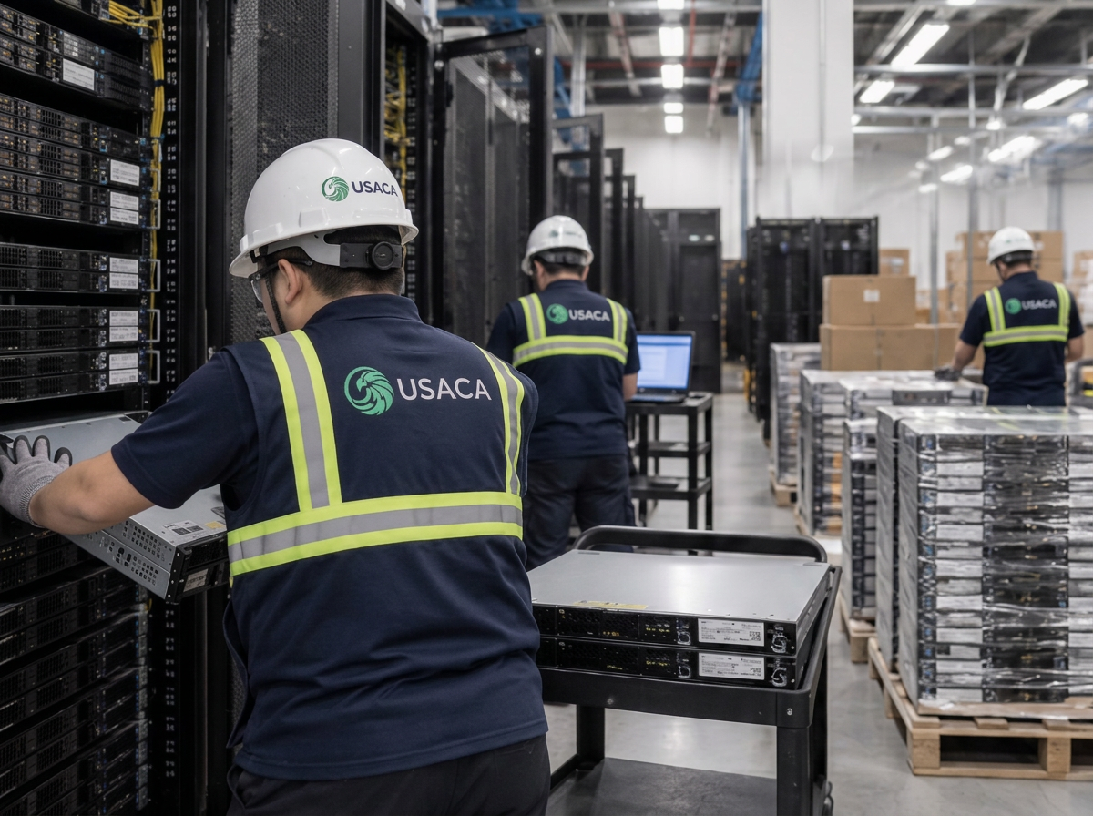 Illustration of a uniformly equipped USACA crew in high-visibility vests and hard hats de-racking servers during a data center decommissioning