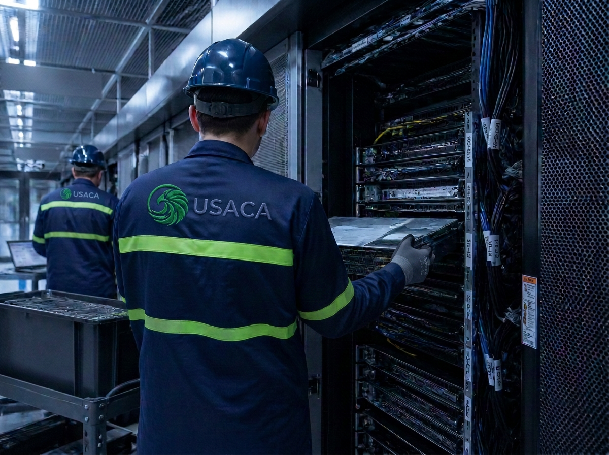 USACA Group technicians removing rack-mount servers during a data center decommissioning