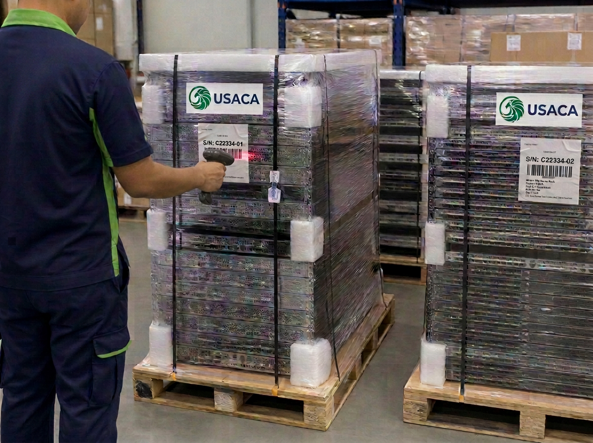 Decommissioned servers shrink-wrapped and labelled on pallets in a USACA Group warehouse