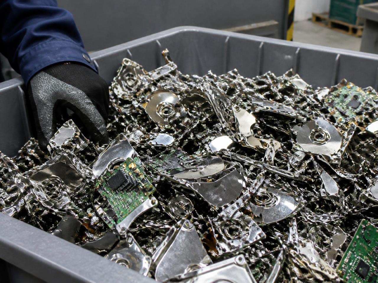 Shredded hard drive fragments, platters and circuit boards collected in a bin