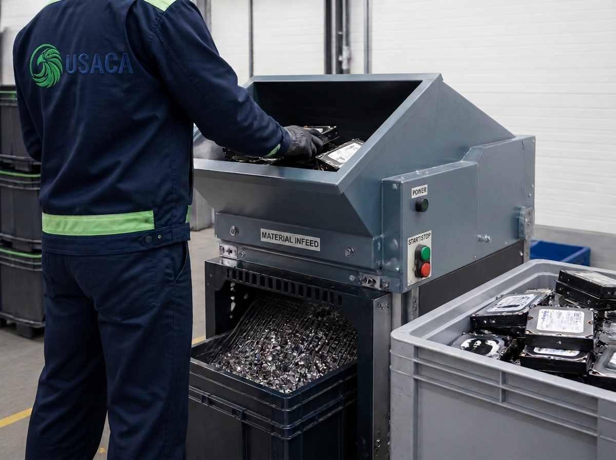USACA Group technician in uniform feeding hard drives into an industrial hard drive shredder